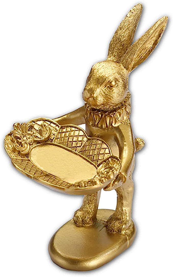FANTESTICRYAN Small Bunny Statue Decor Jewelry Tray, Cute & Retro Golden Ornament Easter Rabbit F... | Amazon (US)