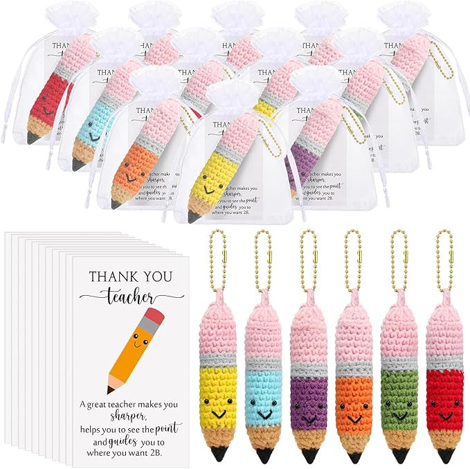 Poen 12 Sets Teacher Appreciation Gifts Crochet Knitted Pencils Thank You Teacher Card Set, 6 Col... | Amazon (US)