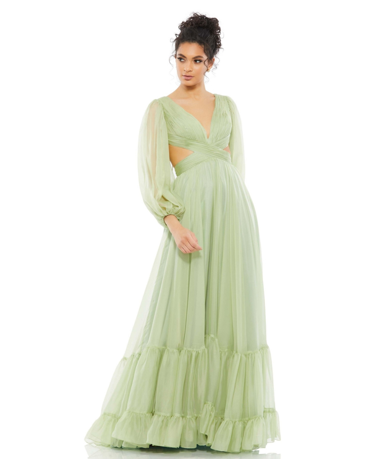 Mac Duggal Women's Pleated Cut Out Long Sleeve Lace Up Tiered Gown - Sage | Macy's