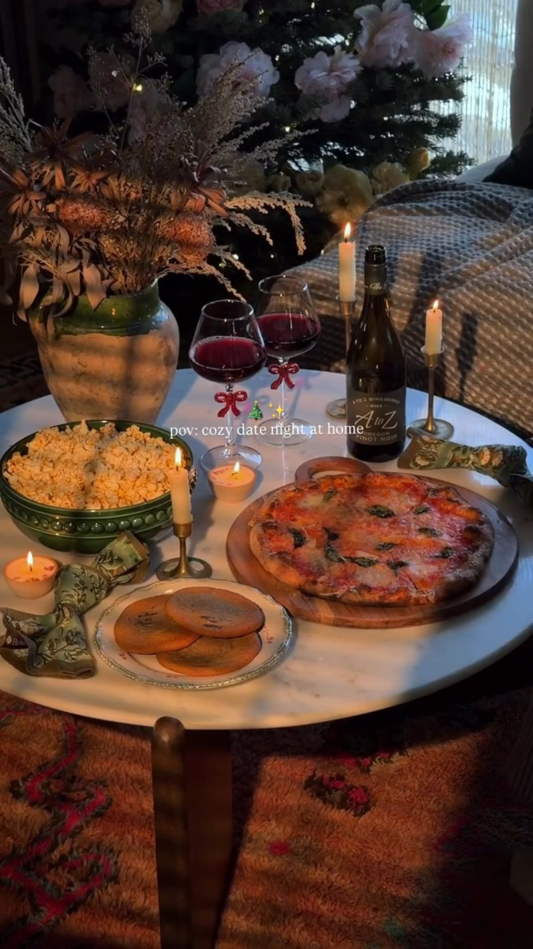 the coziest month ✨ date nights as new parents = pizza, christmas movies, and a bottle of @atozwineworks by the tree 🎄 

ad #datenightathome 

#LTKmomlife #LTKHome #LTKHoliday