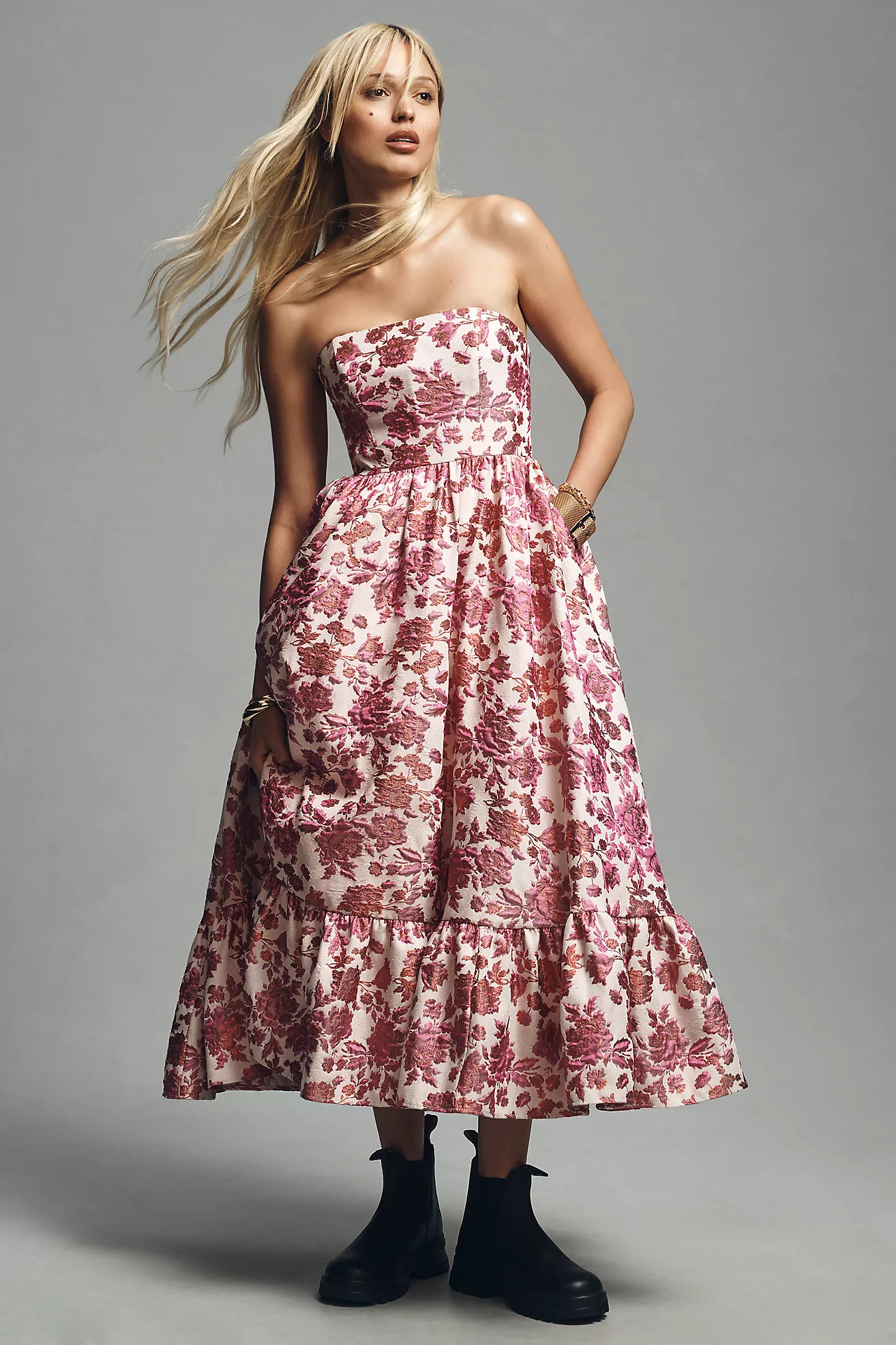 Mac Duggal Strapless Brocade Midi Dress | Anthropologie (US)