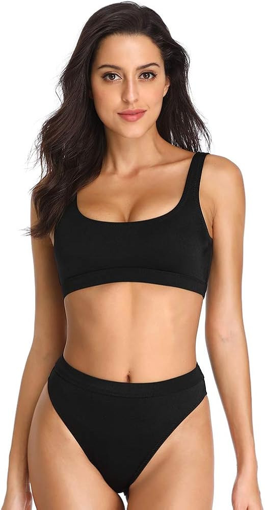 Two Pieces Bikini Sets Swimsuit Sports Style Low Scoop Crop Top High Waisted High Cut Cheeky Bottom | Amazon (US)
