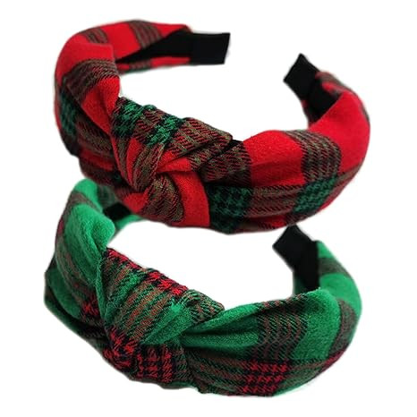 2PCs Christmas Wide Knotted Plaid Headbands Fashion Vintage Turban Hair Band Retro Criss Cross Ch... | Amazon (US)