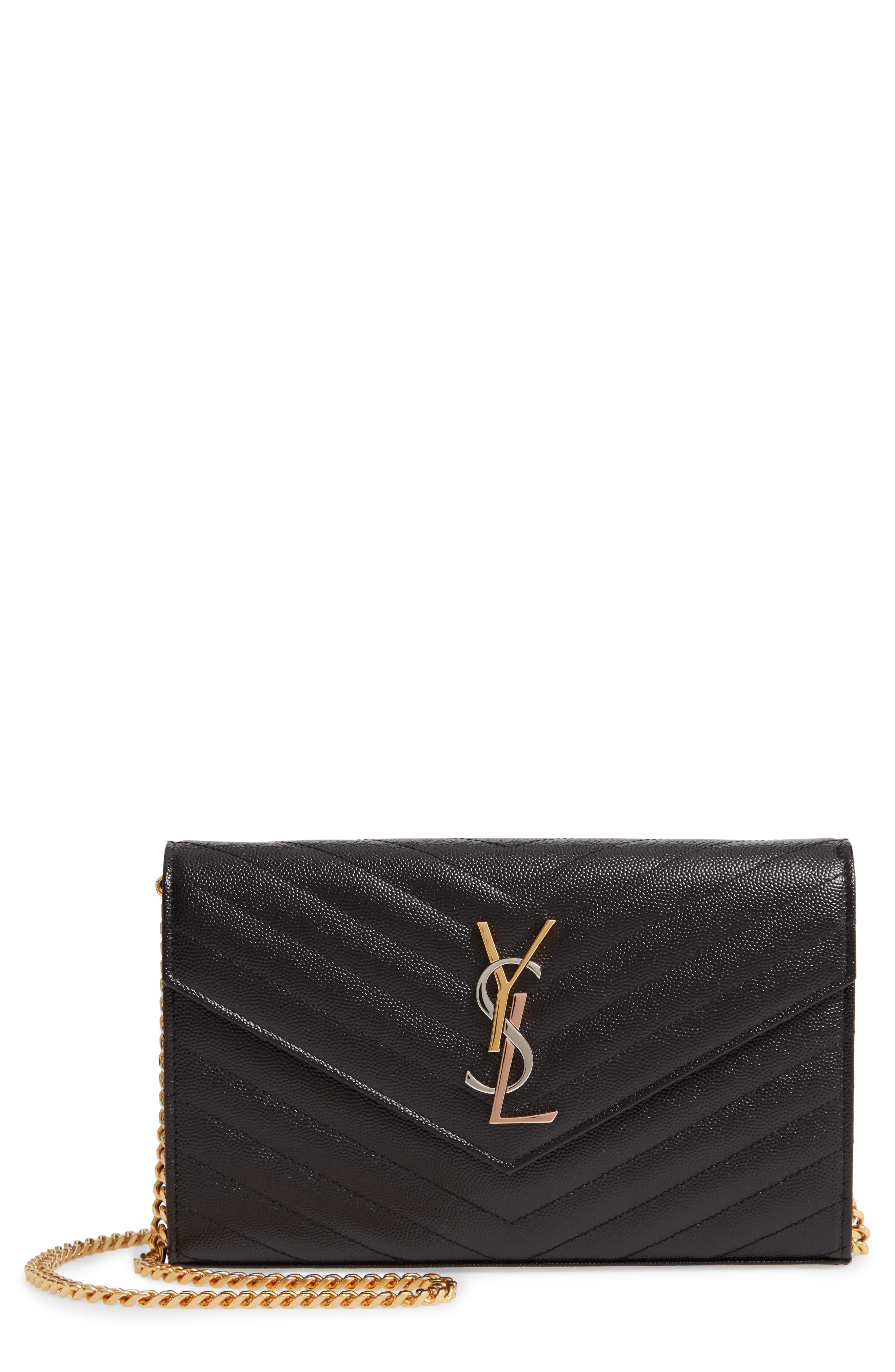 Saint Laurent Monogram Pebbled Leather Wallet On A Chain - Black | Nordstrom