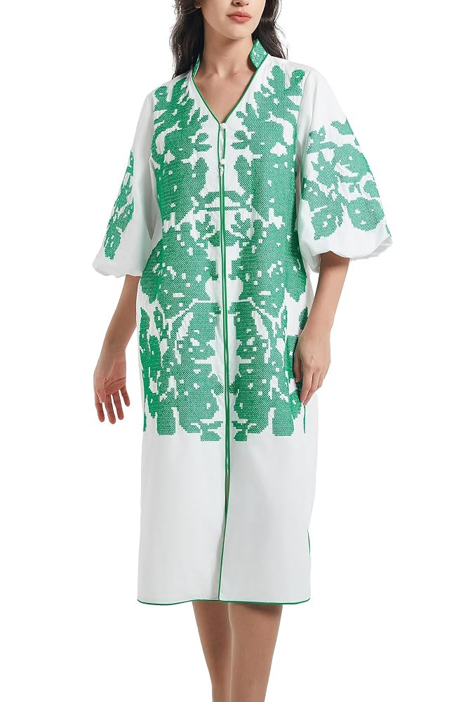 D-Sun Women Casual V-Neck Mid Dress Floral Embroidery 3/4 Sleeves Spring Summer Tunic Dress Loose... | Amazon (US)