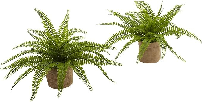 Nearly Natural 15in. Boston Fern with Burlap Planter (Set of 2) Artificial Plant, Green | Amazon (US)