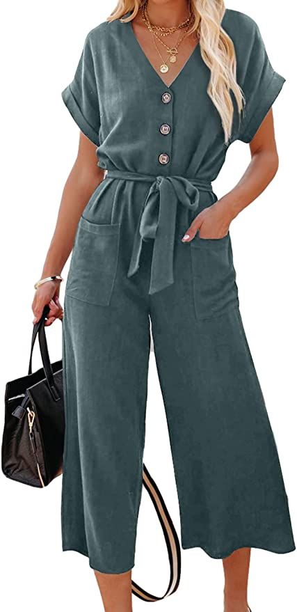 Acelitt Women Short Sleeve V Neck Button Belted Wide Leg Jumpsuits with Pockets, S-XXL | Amazon (US)