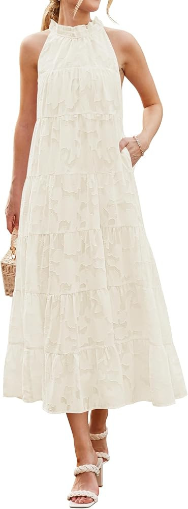 HAEOF Women's 2023 Summer Maxi Dress Casual Tiered Flowy Long Sundress Halter Sleeveless Boho Bea... | Amazon (US)