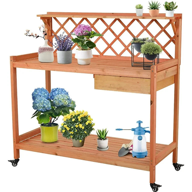 Pirecart Potting Bench Outdoor Wooden Workstation Gardening Table with Lockable Wheels, Open Shel... | Walmart (US)