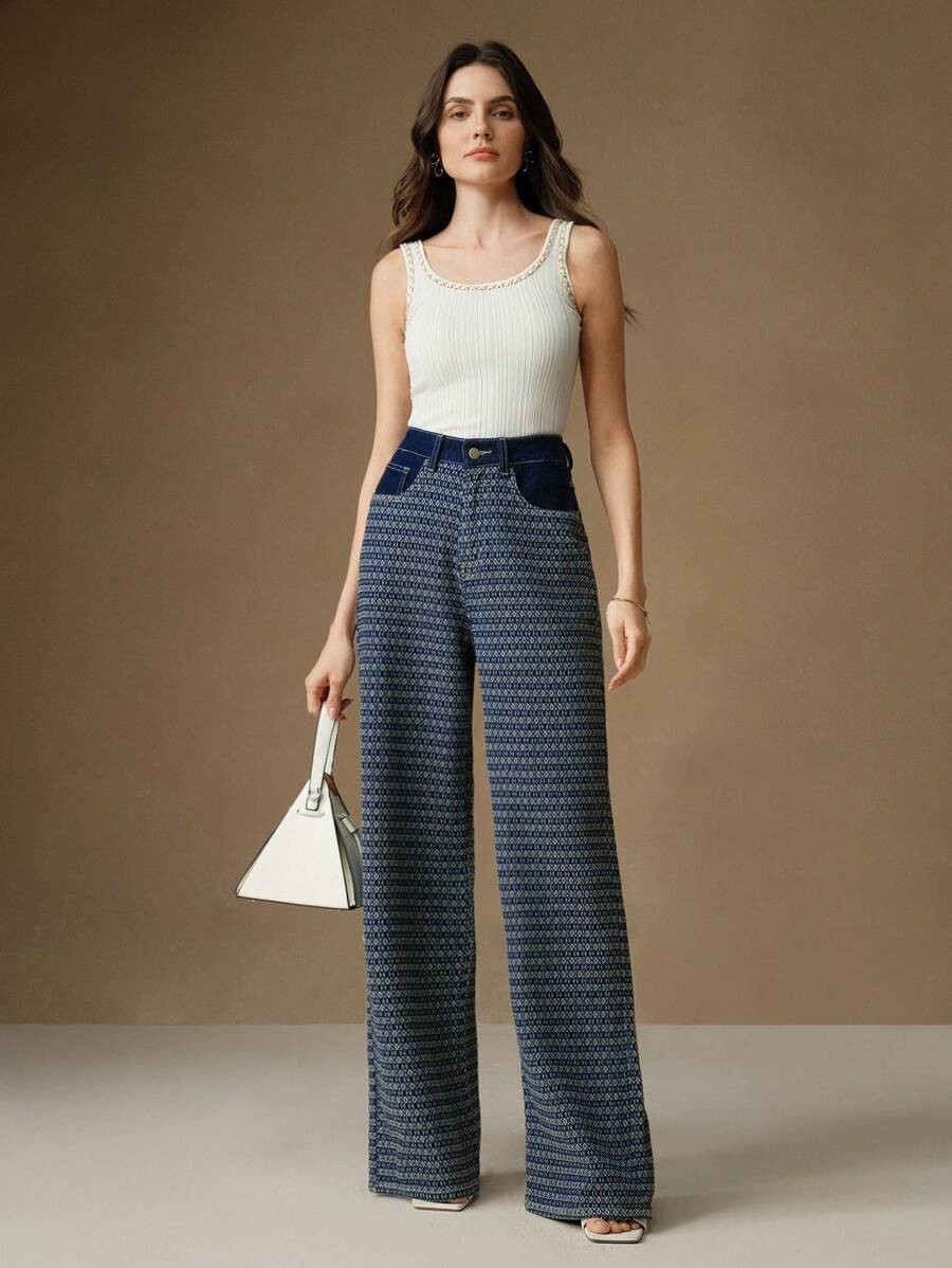 Anewsta Casual Commuting Jacquard Loose Wide-Leg Jeans | SHEIN