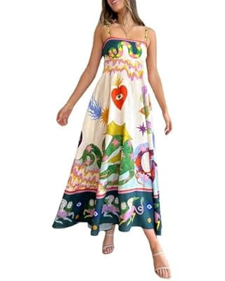 Women Cute Print Maxi Cami Dress Loose Sleeveless Spaghetti Strap Boho Dress Flowy Graffiti Long ... | Amazon (US)