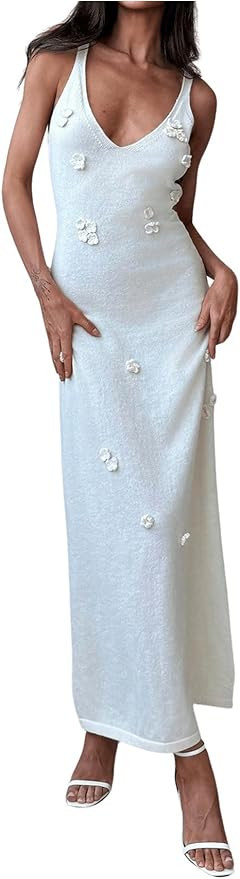 SOLY HUX Women's Maxi Dress Floral Appliques V Neck Sleeveless Summer Bodycon Dresses | Amazon (US)