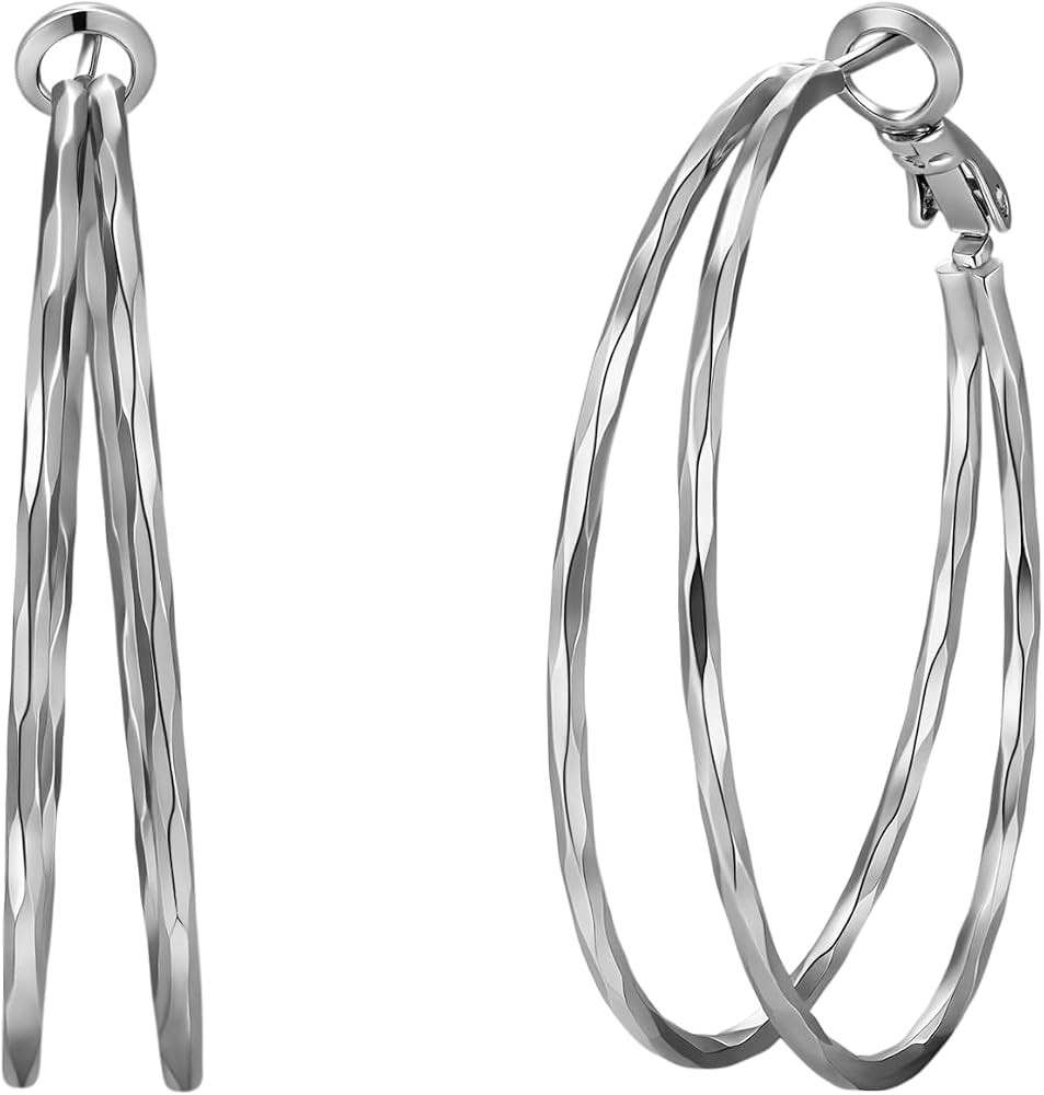 Diamond-Cut Double Hoop Earrings for Women 14k Gold Plated 925 Sterling Silver Posts Lightweight ... | Amazon (US)