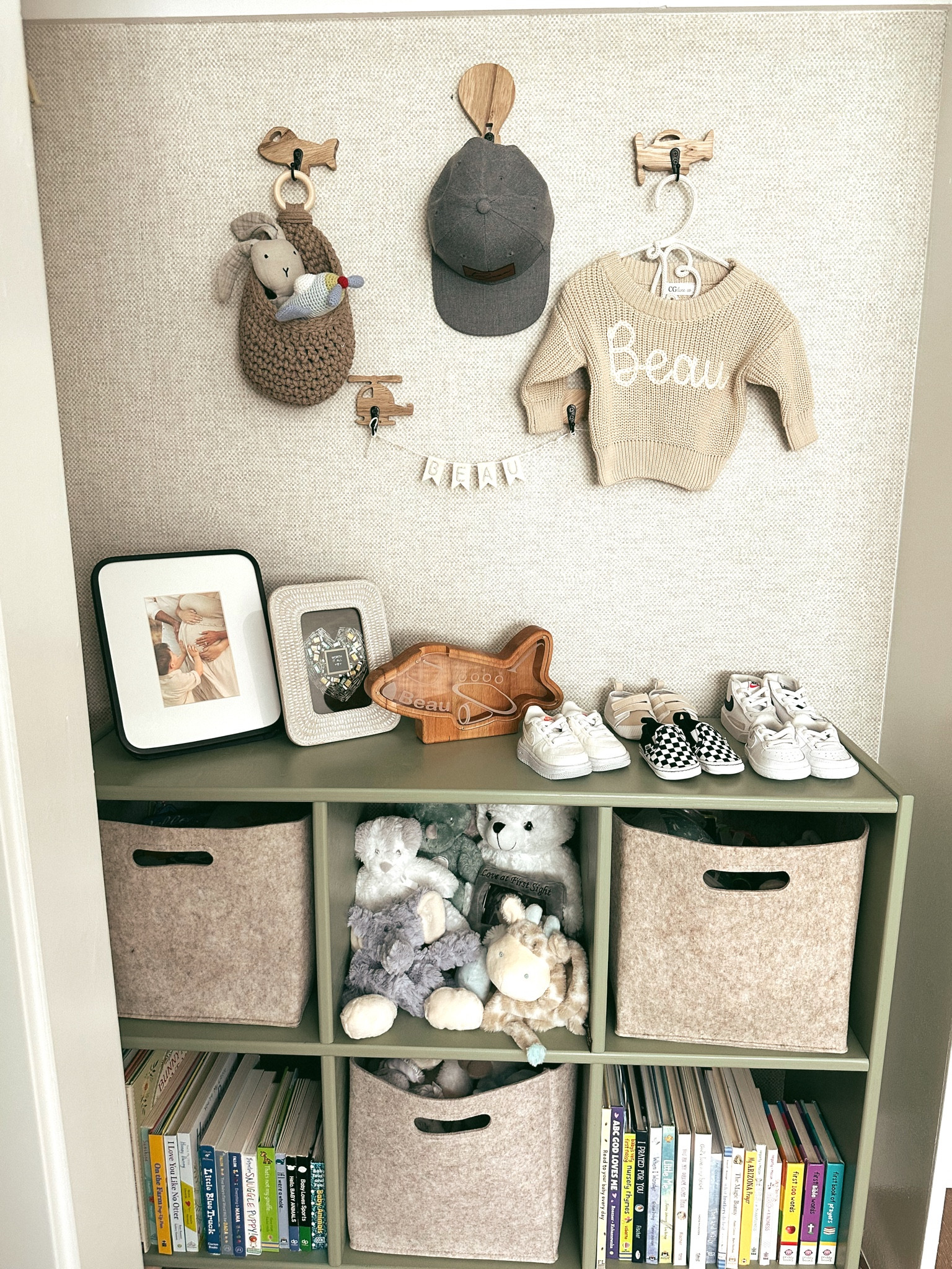 We loved the open closet concept in our first sons nursery so we decided to do it again! We added this sage cubby and bins, some hooks and cute decor! 

#LTKBump #LTKBaby #LTKFamily