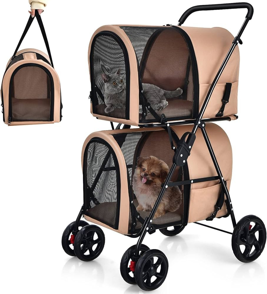 Giantex Double Pet Stroller with 2 Detachable Carrier Bags, Safety Belt, 4 Lockable Wheels Cat St... | Amazon (US)
