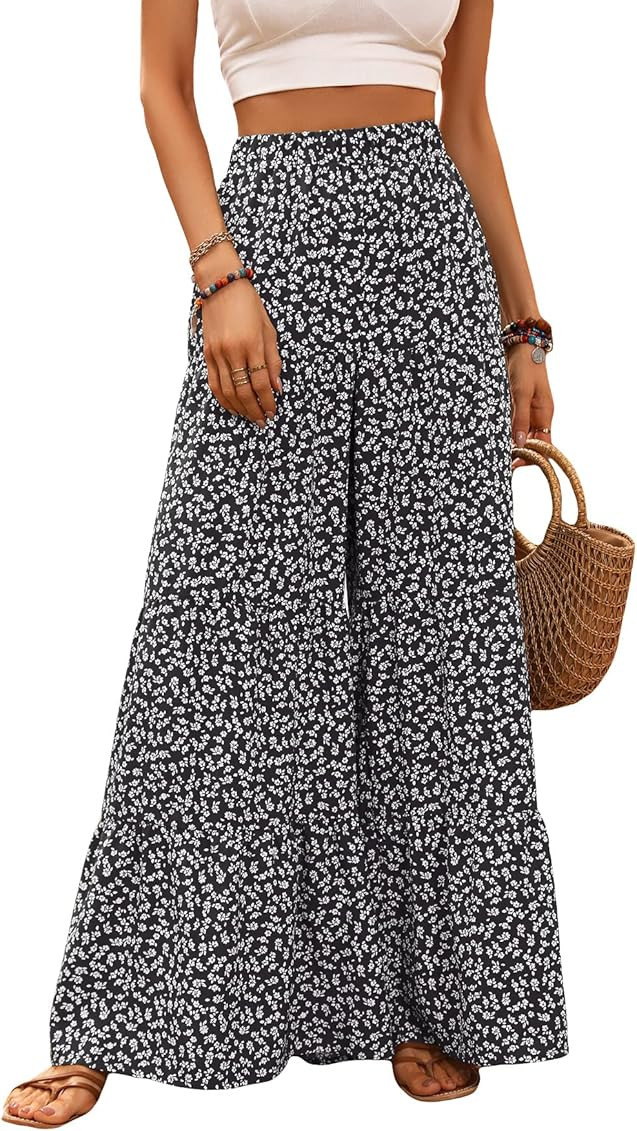 MakeMeChic Women's Floral High Waisted Ruffle Wide Leg Pants Boho Summer Beach Palazzo Pants | Amazon (US)