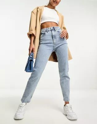 Stradivarius cotton slim mom jeans with stretch in washed blue - LBLUE | ASOS (Global)