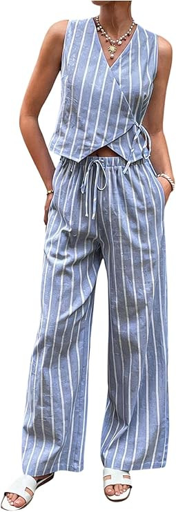 SHENHE Women's Striped 2 Piece Pants Set Deep V Neck Ruffle Peplum Top Wide Leg Pants Outfits | Amazon (US)