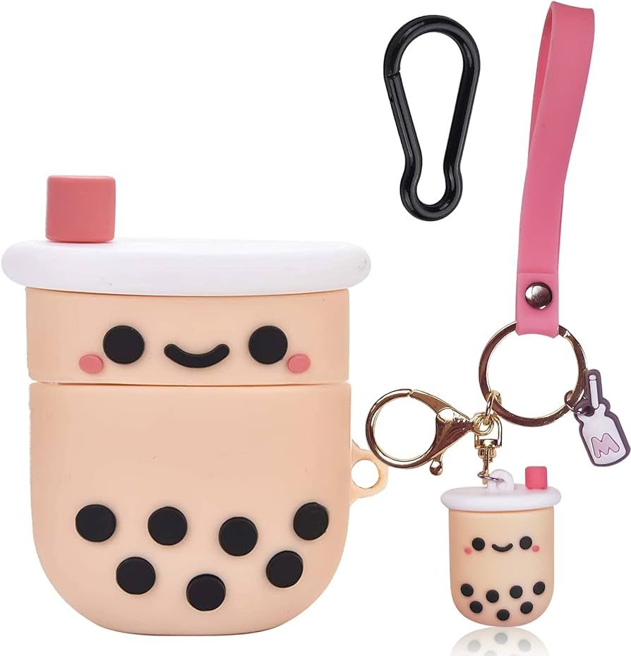 Cute Airpods Case Cover with Keychain, Girly Pink Boba Milk Tea Silicone Protective Shockproof Co... | Amazon (US)