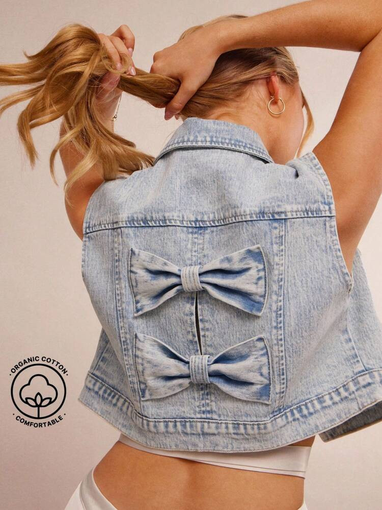 WESTFADE Collared Button Front Boxy Cute Bow Back Cut Out Western Denim Vest Top For Spring Summer Beach Vacation | SHEIN