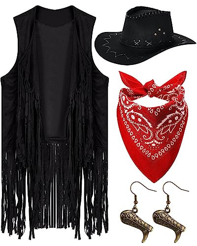 Xtinmee 4 Pcs Cowgirl Outfits Set Women Tassel Vest Cowboy Hat Dangle Drop Earrings Paisley Bandana for Western Dress up(Black, Large) | Amazon (US)