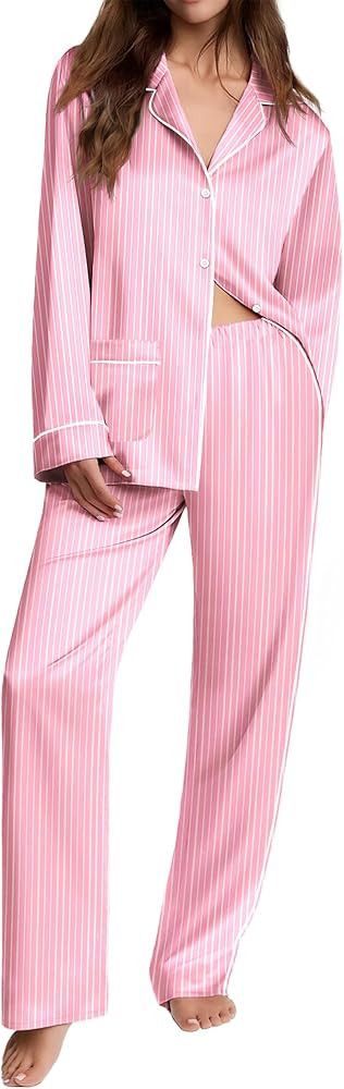 Ekouaer Womens Pajama Sets Satin Silk Pjs Classic Button Down Sleepwear Soft Long Sleeve Lounge S... | Amazon (US)