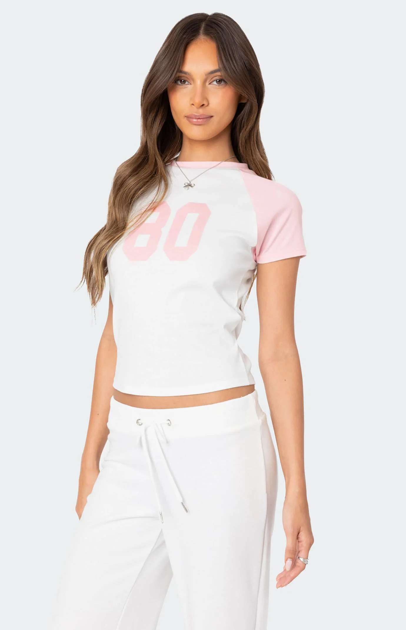Edikted Women's 80'S Raglan T-Shirt in White/ Pink - Size Medium | PacSun