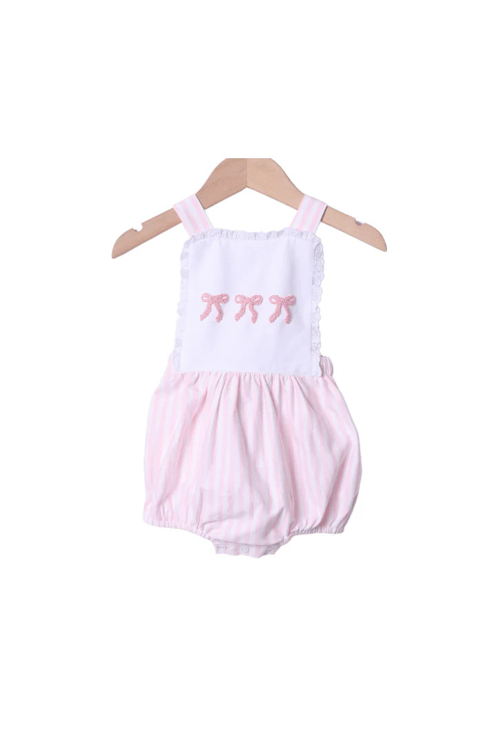 French Knot Bow Pink Stripe Sunsuit | The Smocked Flamingo