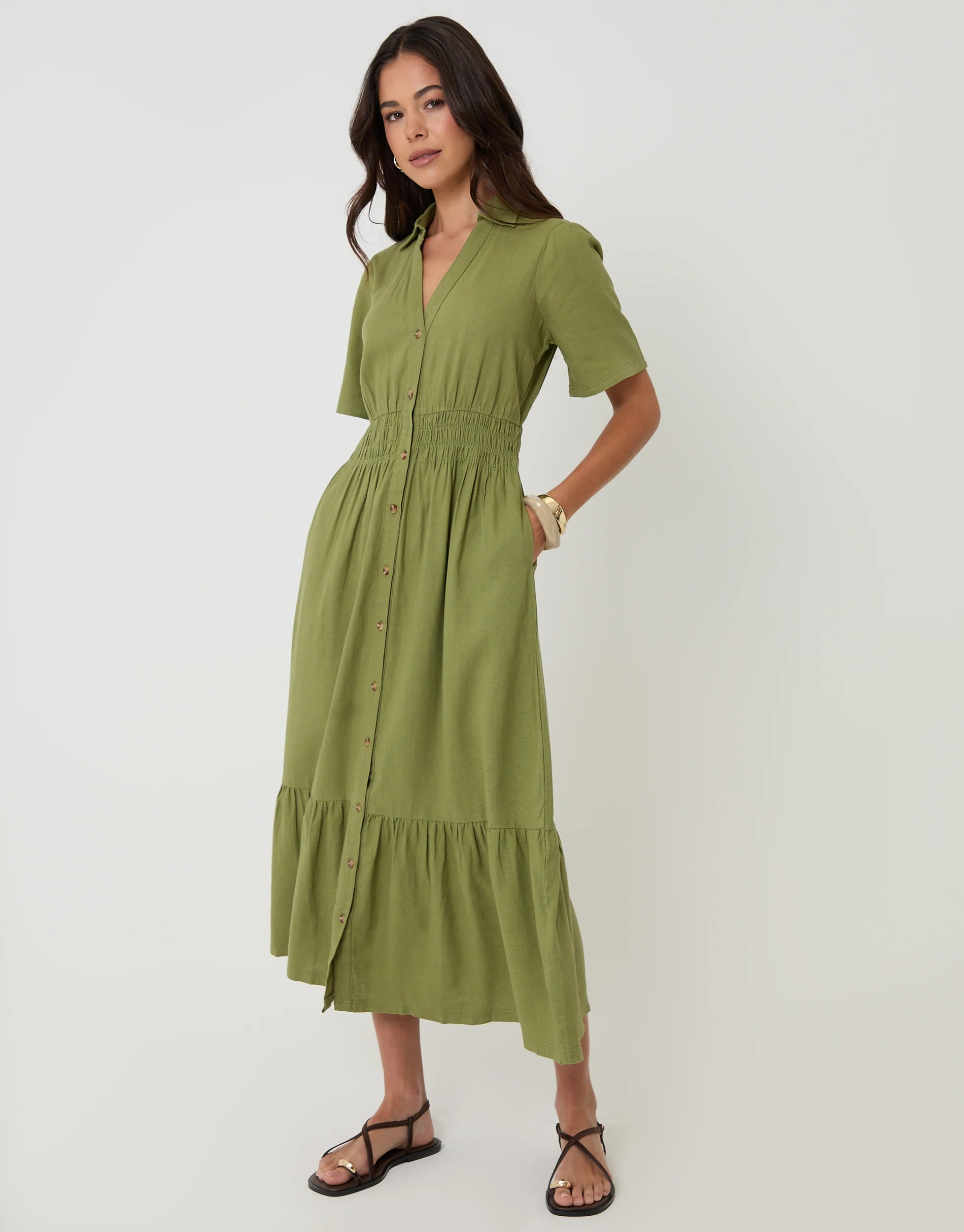 Tiered Linen Blend V Neck Maxi Dress in Olive Green | Threadbare UK