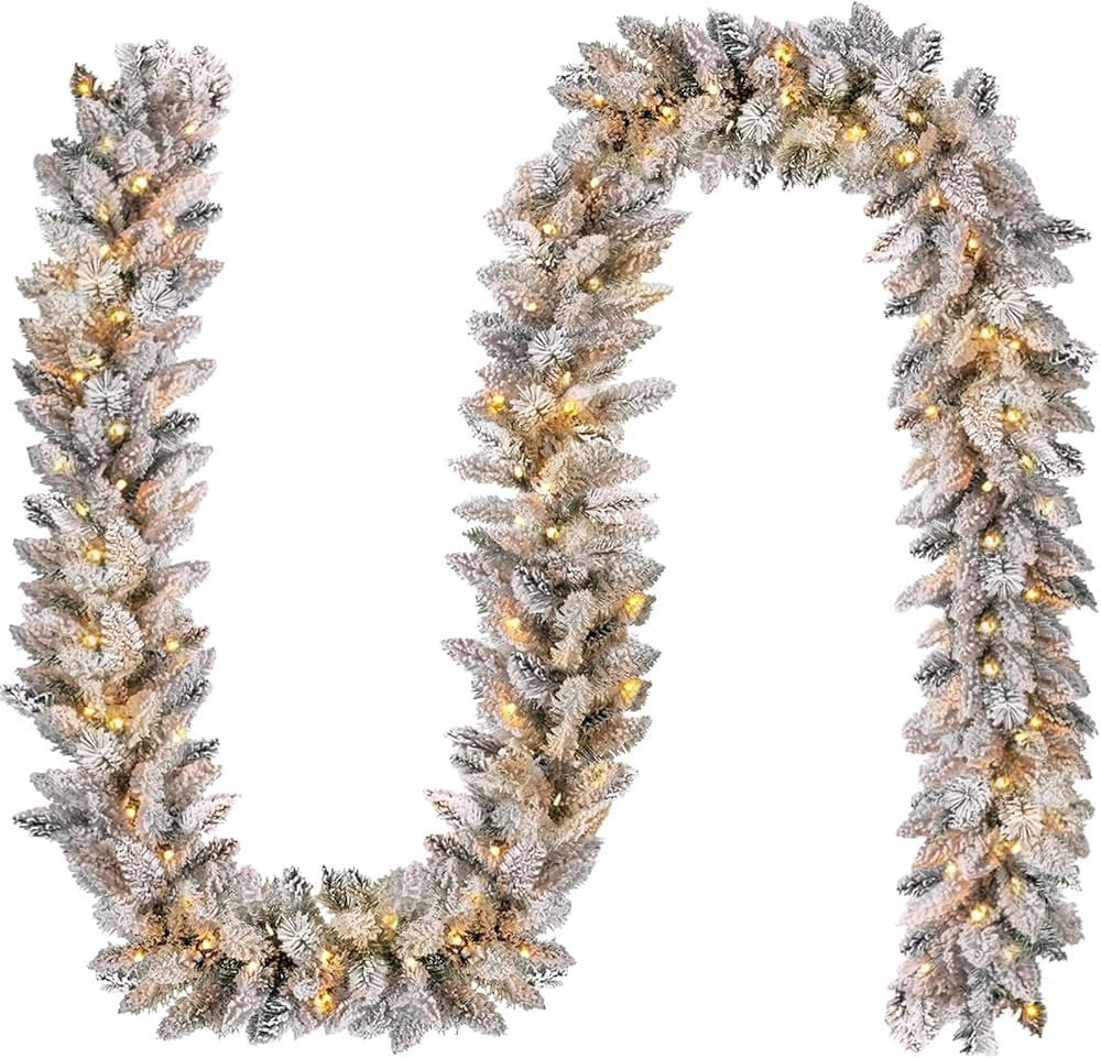 9 FT Flocked Garland - With Lights,Snow Flocked Prelit Christmas Garland,Glittered Pre Lit Froste... | Amazon (US)