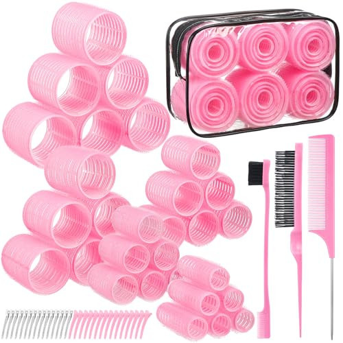 5 Sizes Self Grip Hair Rollers Set, 64 Pcs Rollers Hair Curlers with Clips Comb for Long Medium Short Hair (60 48 40 32 20mm), Pink | Amazon (US)