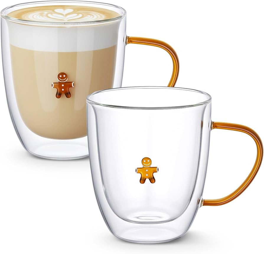2 PCS Winter Icon Glass Mug with Handle - 14 oz Gingerbread Man Insulated Double Walled Coffee Cu... | Amazon (US)
