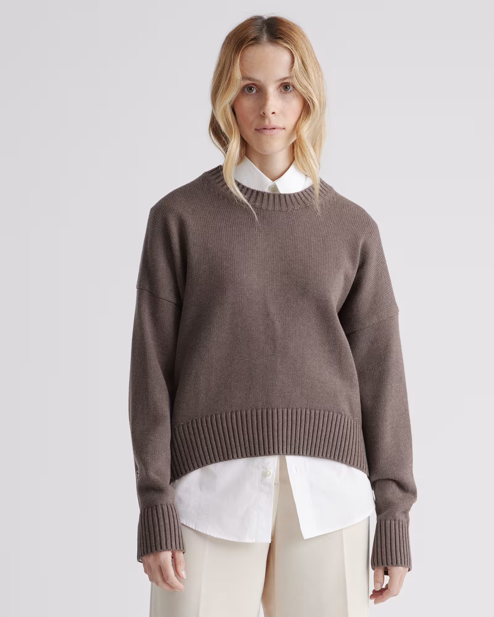100% Organic Cotton Boyfriend Crew Sweater in Heather Brown | Quince