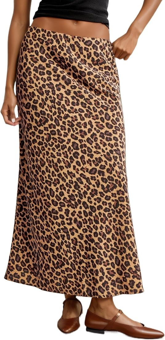 Amazon.com: AIHUKOCY Women Leopard Printed Silk Satin Midi Skirts High Waist Elastic Waistband Se... | Amazon (US)