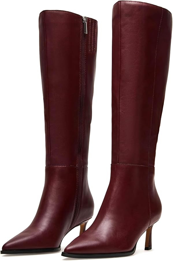 Kitten Heel Knee High Boots Women-Pointed Toe Faux Leather Stiletto Side Zipper Long Tall Dress B... | Amazon (US)