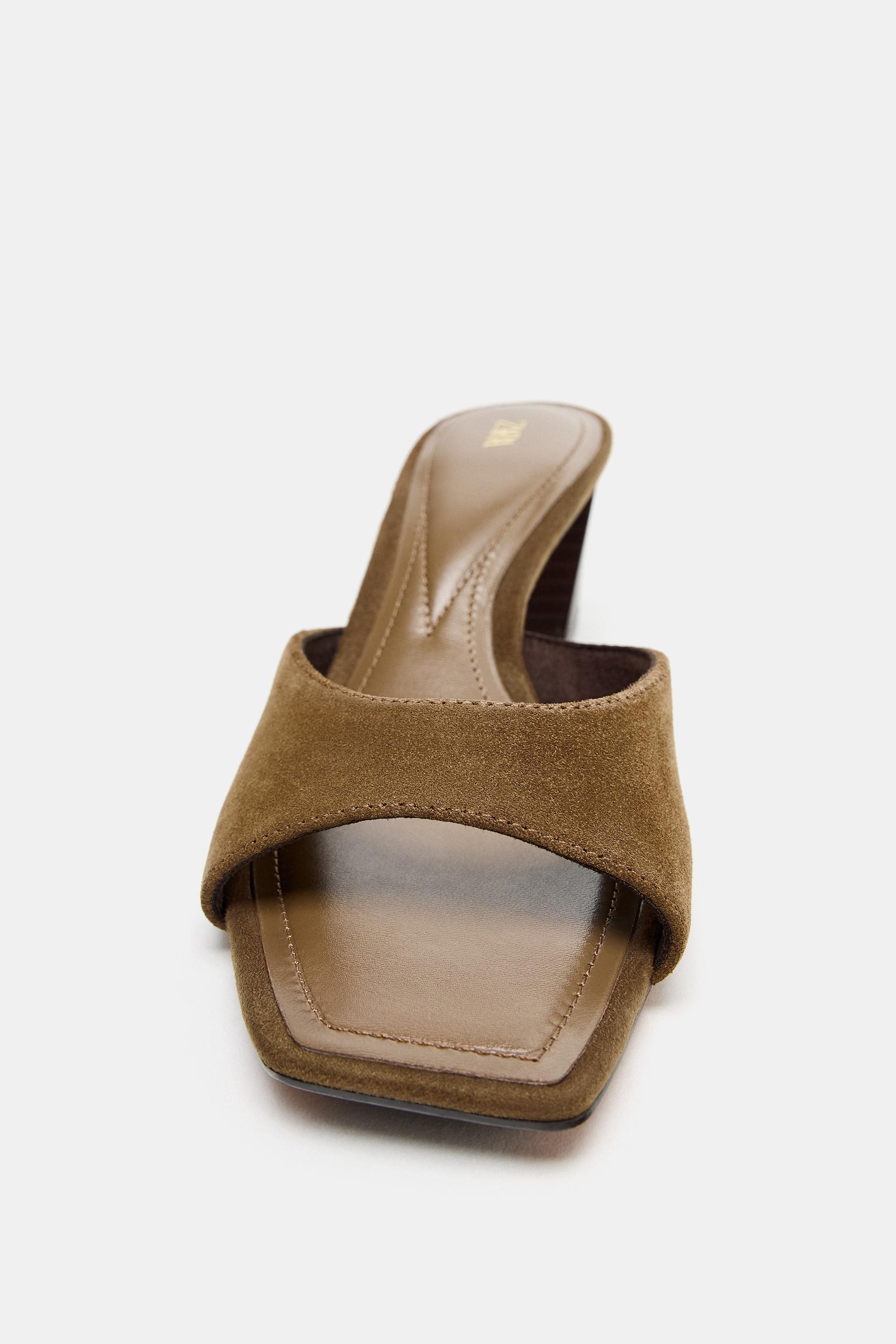 Split leather backless sandals. Mule style. Combined block high heels. Squared toe.Heel height: 2... | Zara US