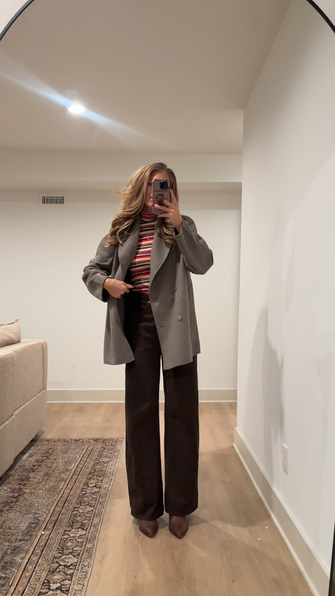 Church outfit I wore today! 
Love this coat because it’s perfect for 40-50 degree days but if needed you can layer a chunky sweater under for extra warmth because it’s roomy in the arms and shoulders. Very warm!  Wearing my usual medium/6
Size small in striped turtleneck (tall girl friendly)
Sized up to 6 in jeans to fit the bump. They are long and tall girl friendly. regular length but really fit like a long 