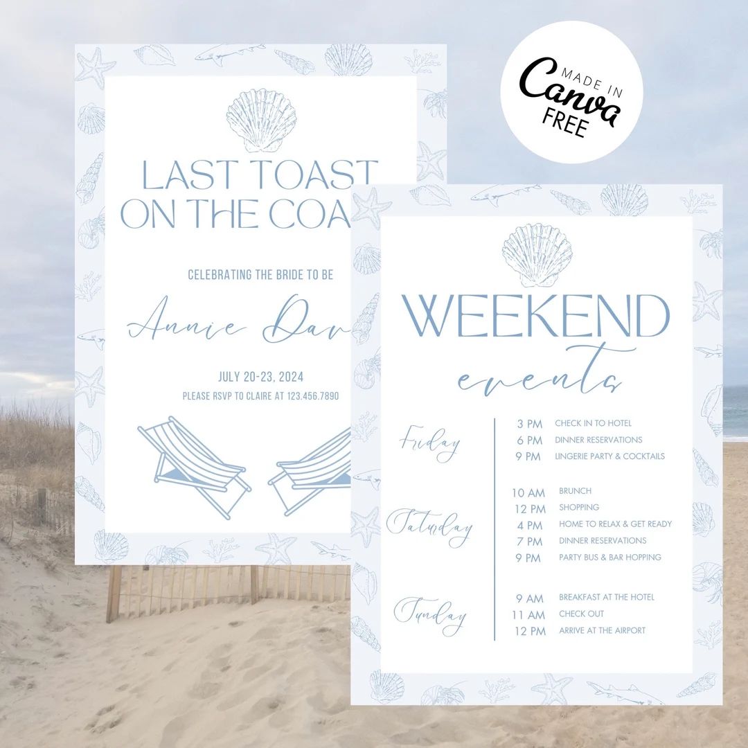 Canva Free Bachelorette Weekend Invitation Last Toast on the Coast Modern Digital Invite Template... | Etsy (US)