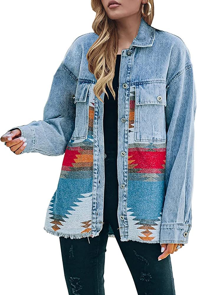 Lumister Women's Aztec Denim Jacket Distressed Lapel Long Sleeve Vintage Button Down Denim Jacket... | Amazon (US)