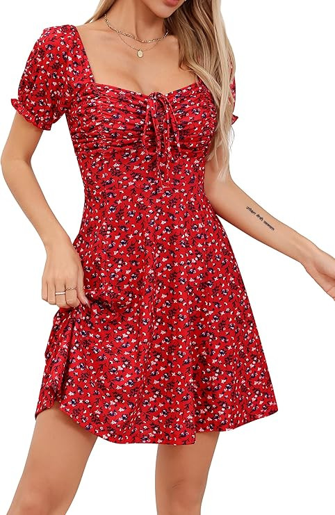 Missufe Women's Puff Short Sleeve Fit and Flare Casual Drawstring Floral Mini Sun Dresses 2025 Su... | Amazon (US)
