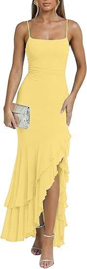 Kaximil Women's Sexy Spaghetti Strap Maxi Dresses Ruched Bodycon Ruffle Mermaid Cocktail Wedding ... | Amazon (US)