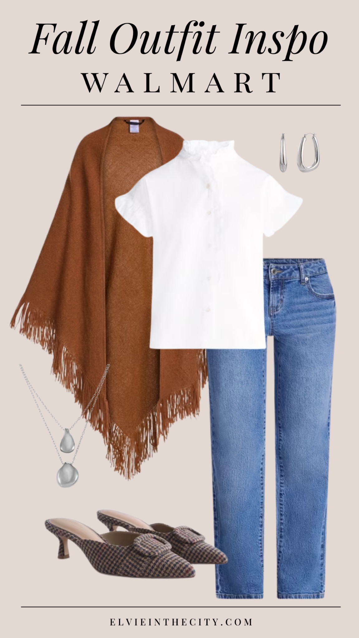 This fall outfit inspo includes a white blouse paired with straight leg jeans and a brown shawl, houndstooth print heels, a silver necklace and silver earrings. 

Walmart finds, petite fashion, midlife women, affordable fashion, fashion over 40, over 50 style

#LTKootd #LTKOver40