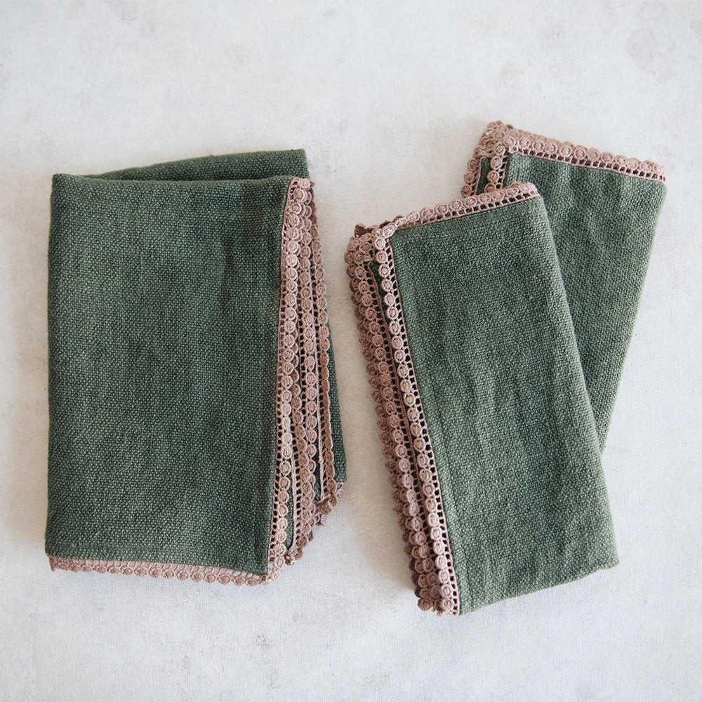 Heavyweight Table Linens with Lace Detail - Olive | Roan Iris