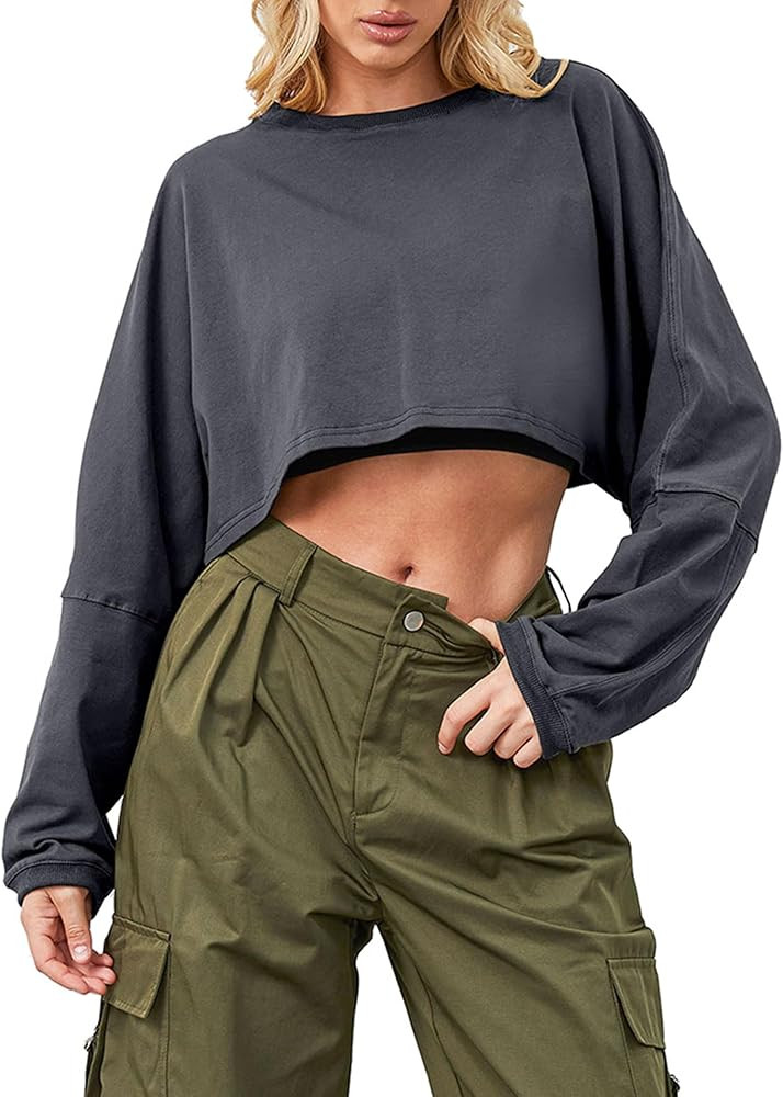 Cropped Sweatshirt Long Sleeve Crop Top Workout Oversized Sweatshirt Loose Crop Tops For Women Cr... | Amazon (US)