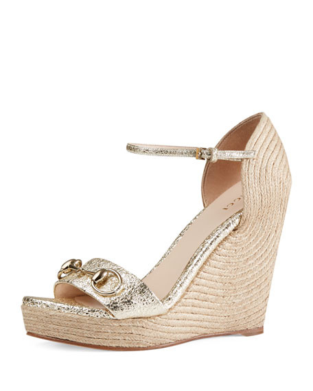 Gucci Carolina Metallic Wedge 85mm Sandal, Platino | Neiman Marcus