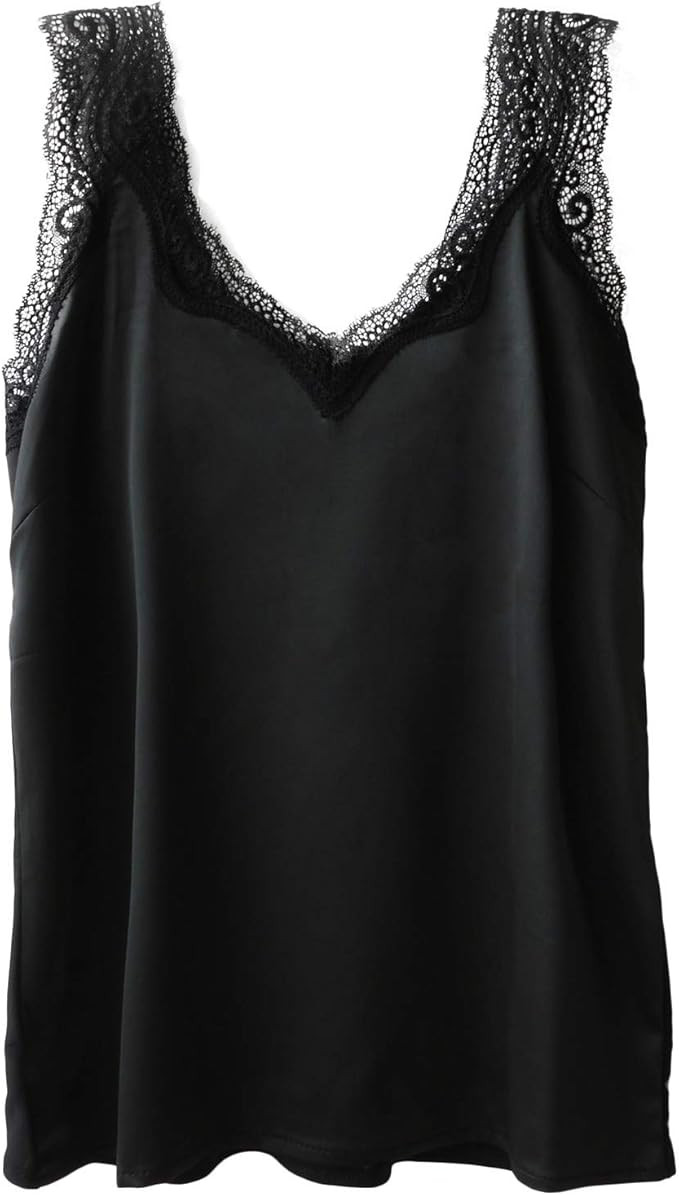Wantschun Womens Satin Silk Camisole Lace Straps Tank Top Cami V-Neck | Amazon (US)
