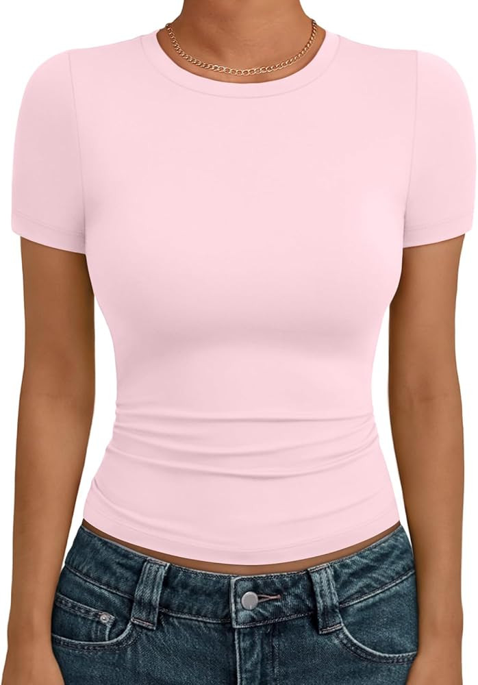 AUTOMET Women's Crew Neck Short Sleeve Summer Basic T-Shirt Stretchy Tight Fitted Soft Going Out ... | Amazon (US)