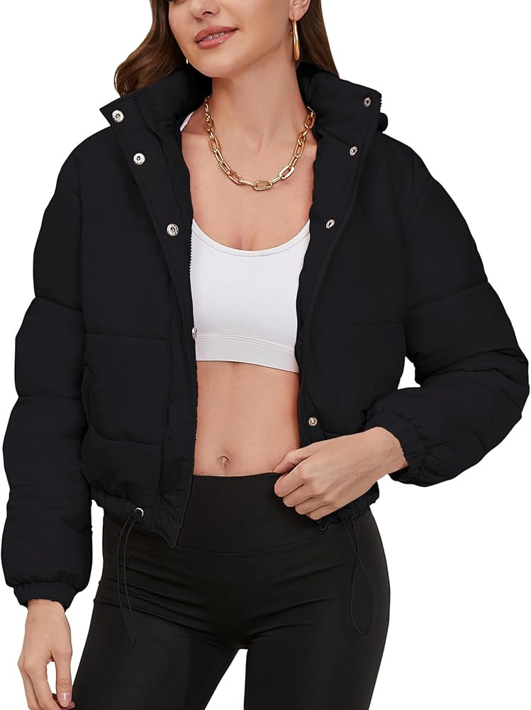 Qirno Womens Cropped Puffer Jacket Long Sleeve Zipper Short Down Coats Warm Stand Collar Outwear ... | Amazon (US)