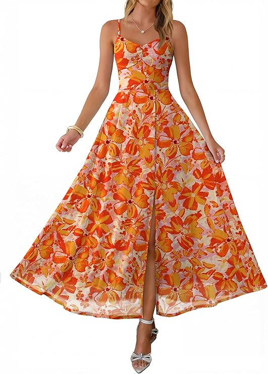 Caracilia Women's Summer Maxi Dresses Floral Mesh Spaghetti Strap Split Formal Wedding Guest Cock... | Amazon (US)