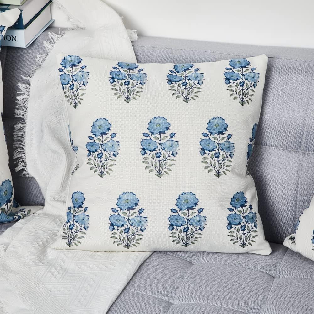 Lisa Fine Mughal Flower Pillow Cover in Monsoon Designer Flower Pillow Blue Throw Pillows Farmhou... | Amazon (US)